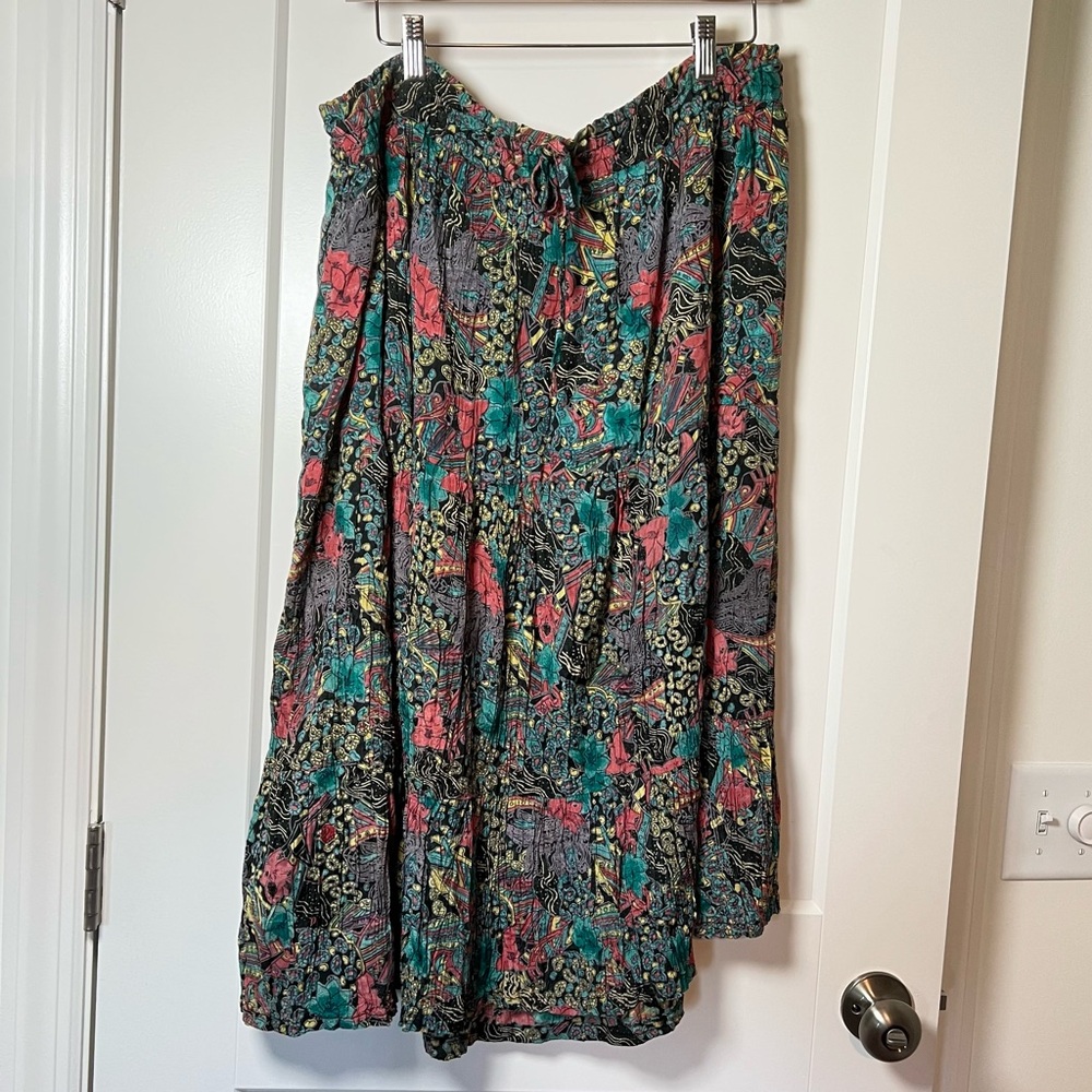 Why Not! 80s/90s Indian Boho‎ Tropical Floral Teal Fuchsia Rayon Maxi Skirt 🌺🦚